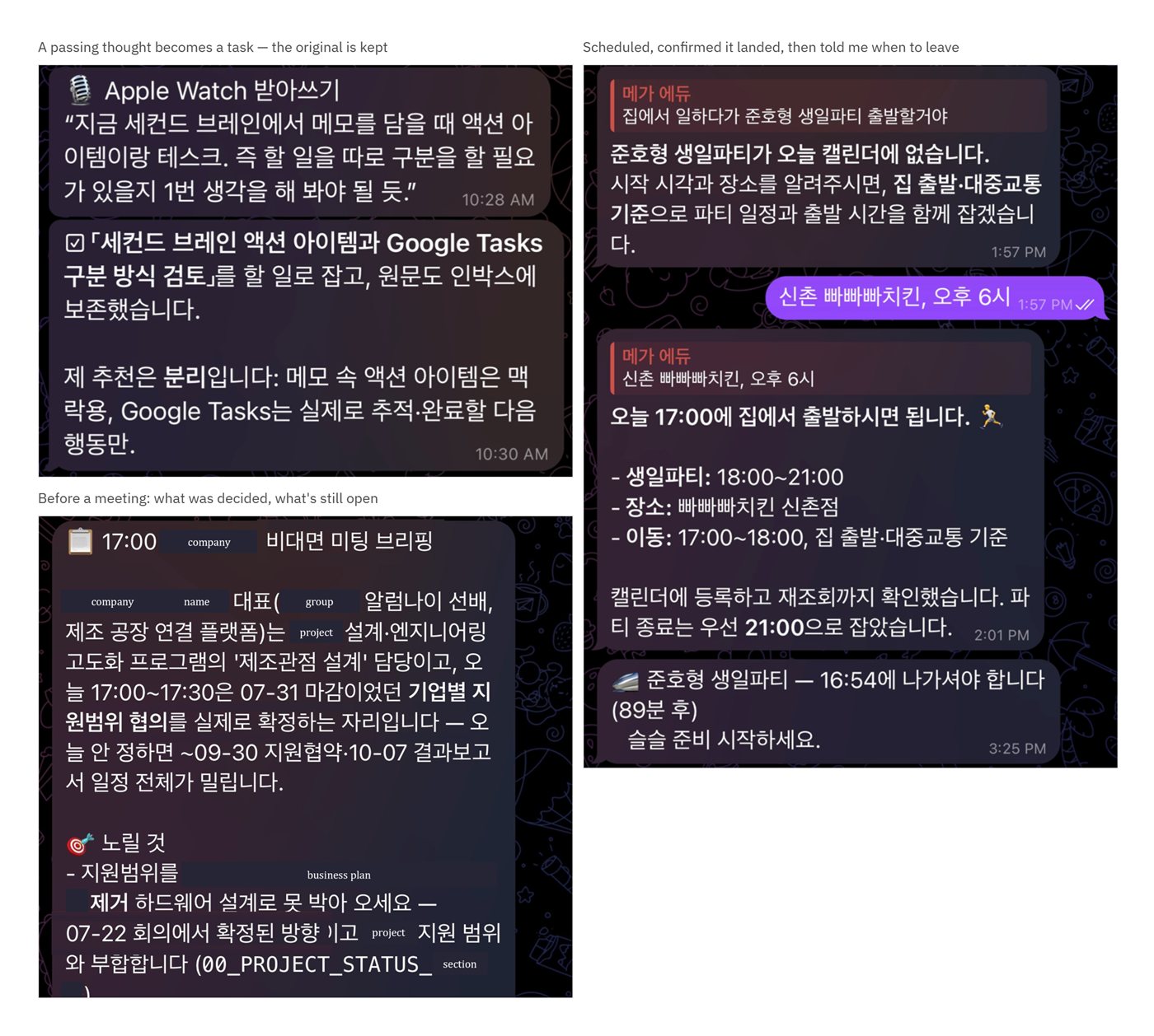 Three runs from Delion: a dictated thought becoming a task, an event scheduled and confirmed, and a pre-meeting briefing